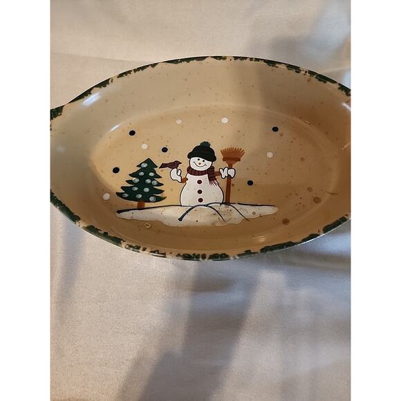 Country Snowman Stoneware Oval Casserole Dish Set Of 2 6” & 10” No Box - Picture 2 of 12